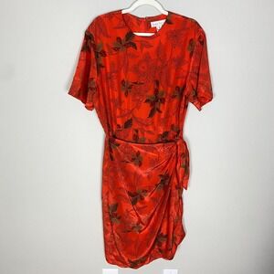 Vintage Barrie Pace Floral Silk Dress Tie Side Short Sleeves Coral Orange 14